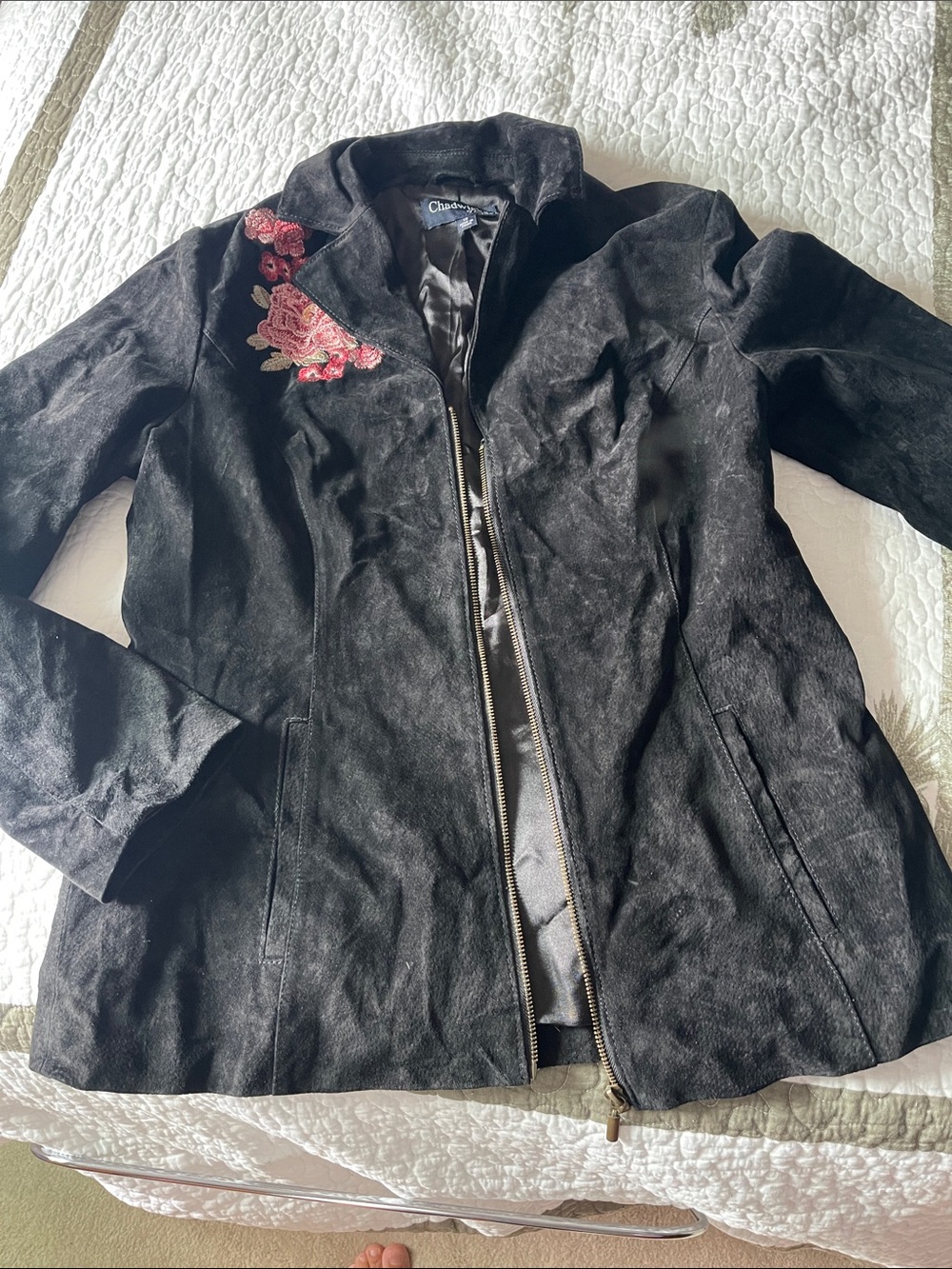 Chadwicks Black Faux-Suede Zip Jacket with Pink Rose Embroidery